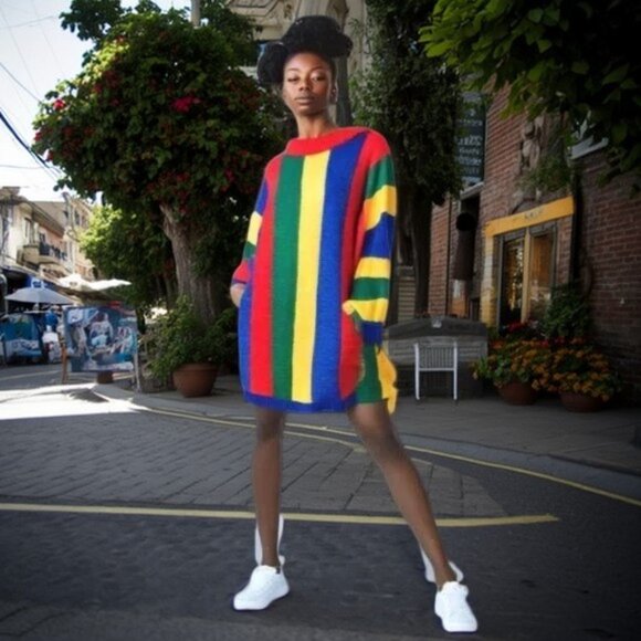 Hand Knit Custom Design Heavy Cable Multi Stripe Turtle Neck Sweater Dre… - Picture 1 of 7